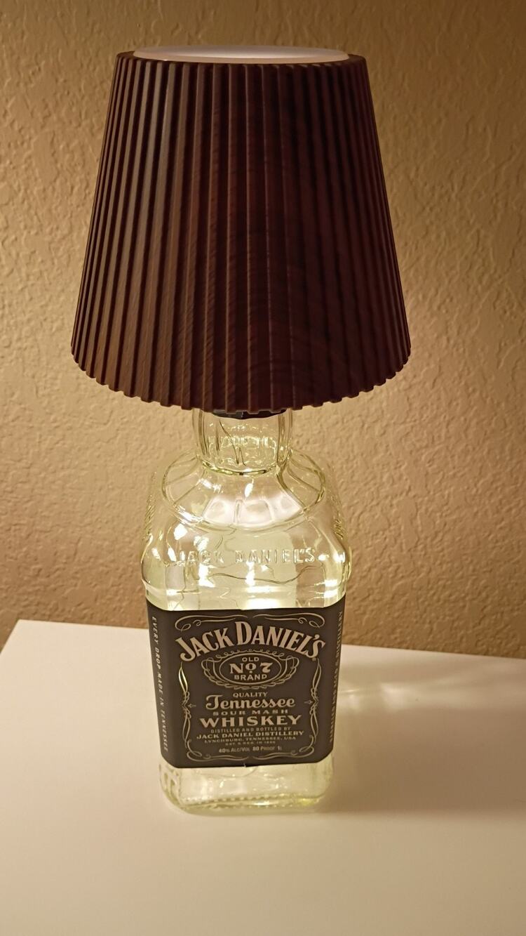 Jack Daniel's Glass Bottle Table Lamp with Brown Cone Shade, Rechargeable